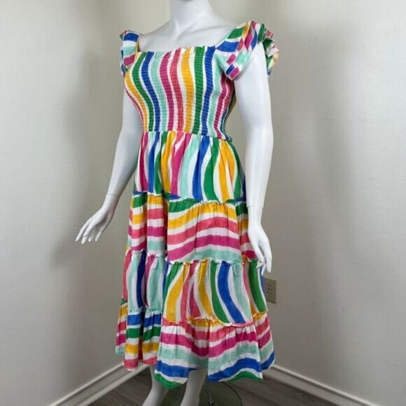 Crown & Ivy Womens Size L Cotton Striped Ruffle Pullover Midi Teired Dress Party - Picture 7 of 14